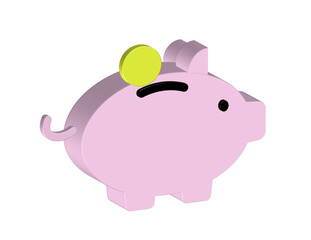 Simple 3D icon illustration of a piggy bank with a coin