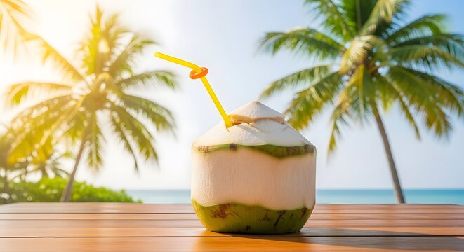 Fresh coconut water drink on beach vacation with palm trees summer tropical holiday refreshing beverage