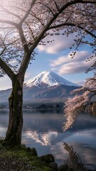 Mount Fuji with Cherry Blossoms at Lake Kawaguchi, Japan Spring Landscape at Sunrise, Scenic Reflection View  