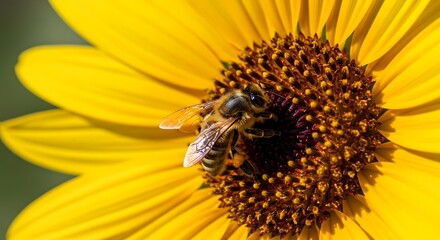 Close up of bee pollinating bright yellow sunflower blossom in summer garden pollen nectar foraging 100