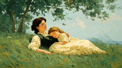 Peaceful mother lying in grass with daughter beside her