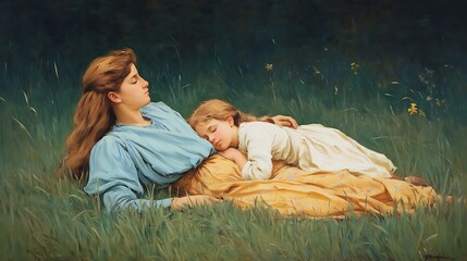 Peaceful mother lying in grass with daughter beside her
