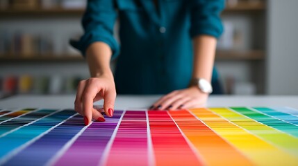 Female designer pointing at color swatches in workspace