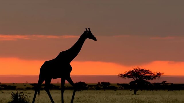 Giraffe silhouette walking on sunset background