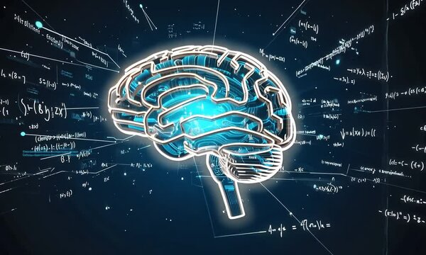 A glowing blue brain illustration surrounded by mathematical equations and symbols in a dark background