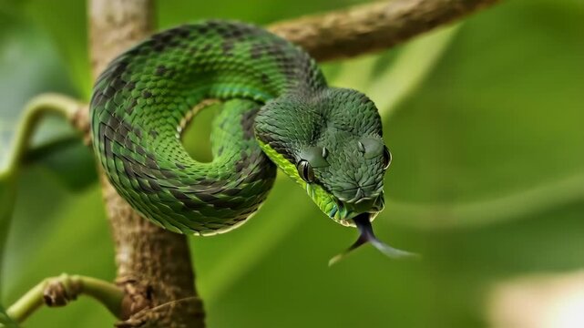 green snake on a tree branch sticking out its tongue