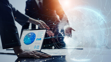 Group of business people meeting and global network concept. Wide angle visual for banners or advertisements.