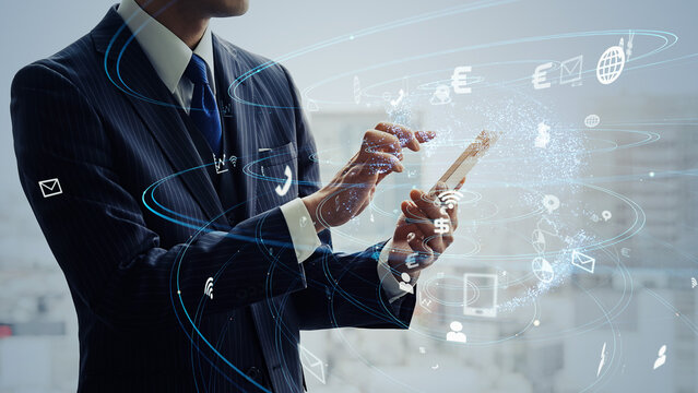 Business people using smartphones and communication network concept. Wide angle visual for banners or advertisements.