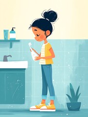 Girl holding toothpaste tube looking at toothbrush