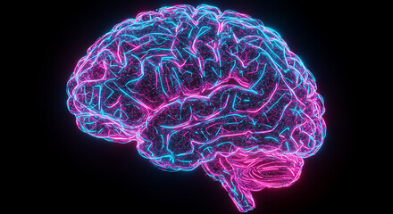 Abstract Neon Brain Glowing Neural Network Digital Brain Anatomy Pink Blue Healthcare Concept