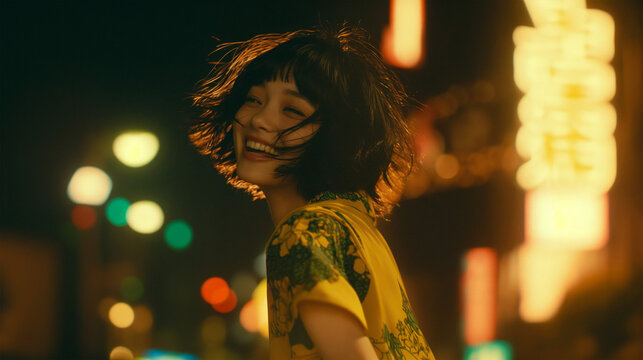 夜の街で笑いはしゃぐ女性