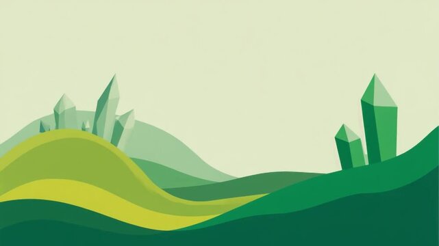 Abstract landscape with green hills and crystal formations under a soft pastel sky