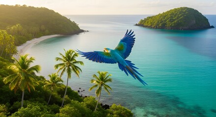 Blue macaw parrot flying over tropical beach paradise island vacation destination travel photography