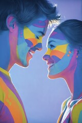 Couple with face paint smiling at each other