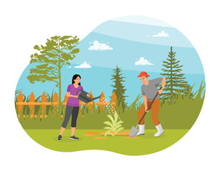 Family Couple is Planting a Tree in the Backyard Garden of the House.