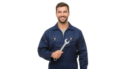 Smiling mechanic holding wrench in uniform ready for car repair service and maintenance work or plumbing job on transparent background