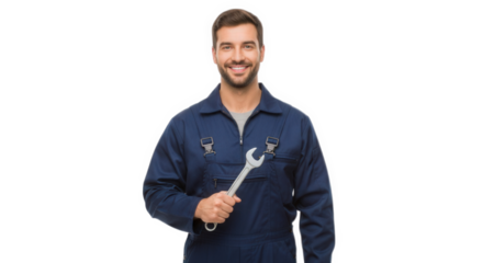 Smiling mechanic holding wrench in uniform ready for car repair service and maintenance work or plumbing job on transparent background
