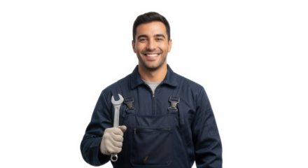 Smiling mechanic holding wrench automotive repair service professional worker isolated black background on transparent background