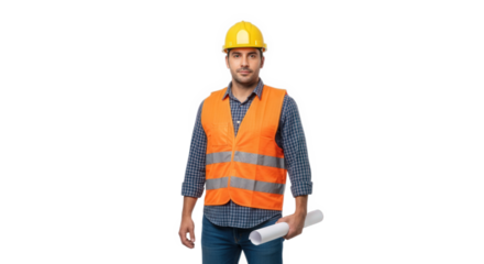 Engineer construction worker with blueprint and hardhat for building project safety inspection planning on transparent background