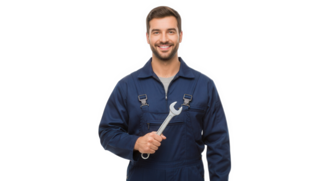 Smiling mechanic holding wrench in uniform ready for car repair service and maintenance work or plumbing job on transparent background