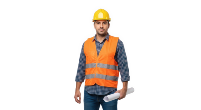 Engineer construction worker with blueprint and hardhat for building project safety inspection planning on transparent background
