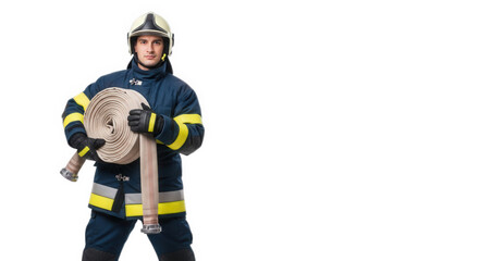 Firefighter holding fire hose ready for action in emergency situation professional safety equipment on transparent background