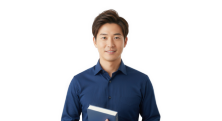Portrait of asian man holding book smiling in blue shirt on black background for education concept on transparent background