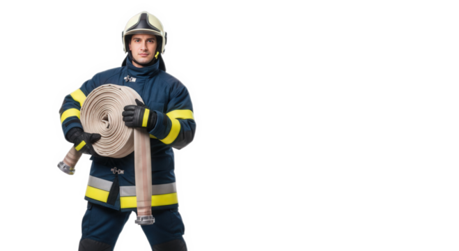Firefighter holding fire hose ready for action in emergency situation professional safety equipment on transparent background