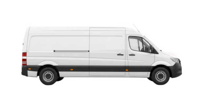 White cargo van for delivery service and transportation of goods and equipment for business use on transparent background