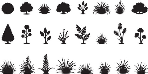 Collection of Black and White Silhouettes Trees, Shrubs, and Grasses