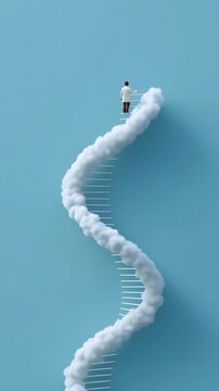Growth mindset, motivation and self-improvement: Staircase shaped like DNA helix with climber, motivation, evolving through knowledge.
