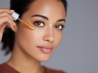Soft-focus woman applying natural beauty serum