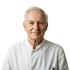 Obraz premium Portrait of a senior Caucasian male doctor in a white medical coat, smiling kindly. Isolated on transparent background.