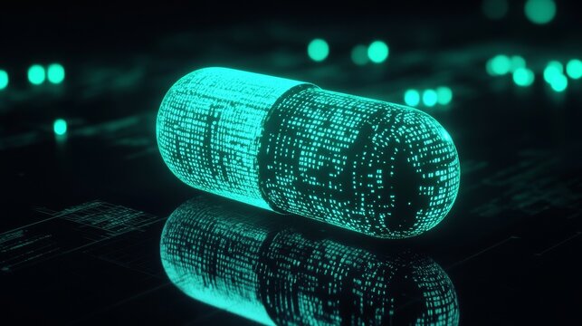 3D render of a glowing teal pill on a black background, with a glitch effect and matrix code.