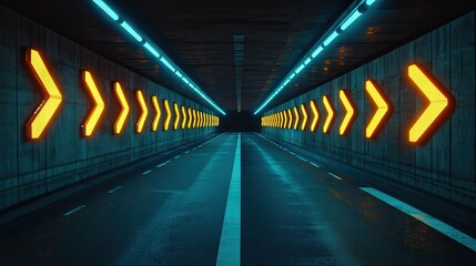 Neon tunnel pathway with glowing directional signs.