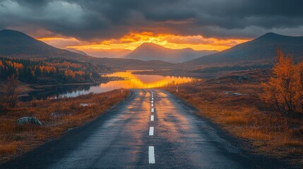 A scenic, winding road stretches through a landscape of autumn colors.