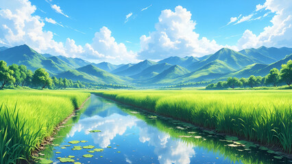 Japanese Rice Fields and Mountains in Early Summer