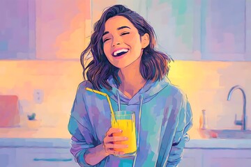 teen girl laughing with juice in pastel kitchen