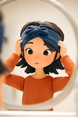 animated girl putting on headband in mirror reflection