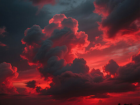 Fiery red sky and dramatic clouds at sunset with intense and vib