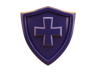 A glossy purple shield featuring a raised cross at the center.