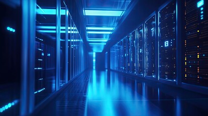 Fototapeta premium Modern Server Room Interior with Blue Lighting