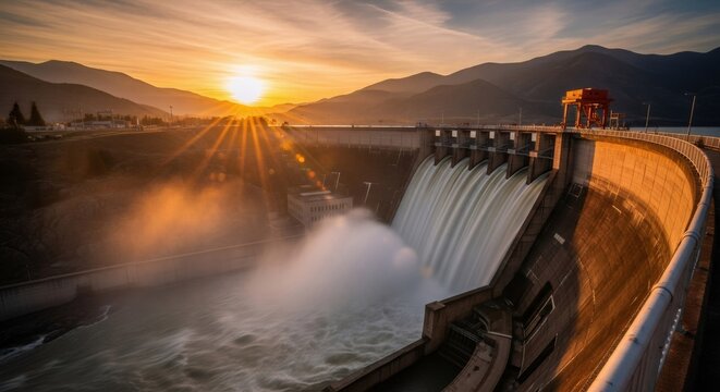 Hydroelectric dam releasing water during a vibrant sunset with mountains in the background, symbolizing sustainable energy and power generation.