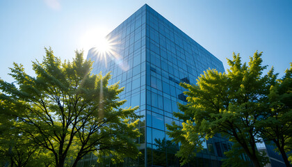 Glass Office Building with Trees in Urban Street