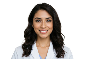 Portrait of a young smiling female doctor with dark hair wearing a white coat, looking at the camera against a transparent background. Confident and friendly healthcare professional.