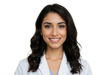 Portrait of a young smiling female doctor with dark hair wearing a white coat, looking at the camera against a transparent background. Confident and friendly healthcare professional.