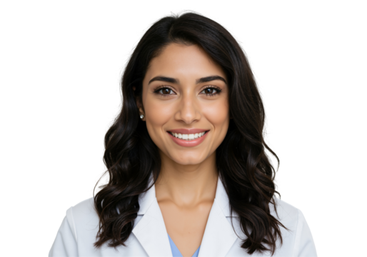 Portrait of a young smiling female doctor with dark hair wearing a white coat, looking at the camera against a transparent background. Confident and friendly healthcare professional.