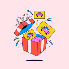 Fototapeta premium Surprise gift box with car icons card cartoon vector illustration