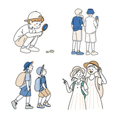 夏の遠足を楽しむ子どもたちのイラストセット