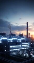 Fototapeta premium Industrial urban power plant with pipes and chimney, modern cityscape at sunset. Energy production facility, water treatment.